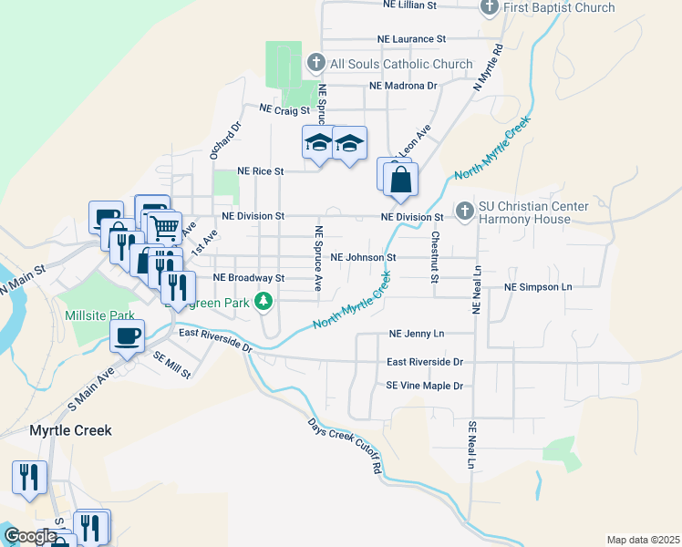 map of restaurants, bars, coffee shops, grocery stores, and more near 646 Northeast Johnson Street in Myrtle Creek