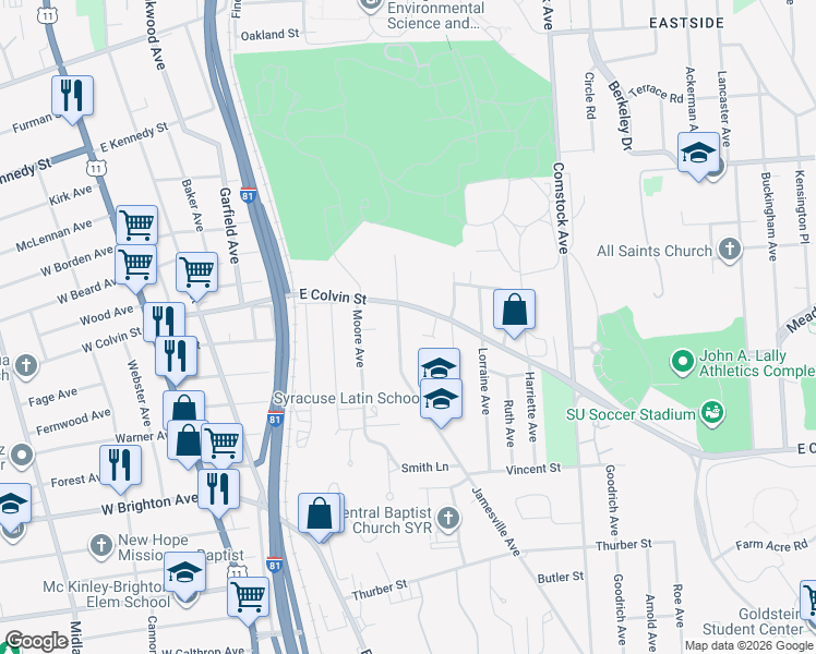 map of restaurants, bars, coffee shops, grocery stores, and more near 225 Jamesville Avenue in Syracuse