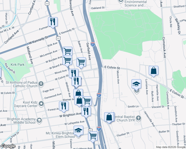 map of restaurants, bars, coffee shops, grocery stores, and more near 246 East Colvin Street in Syracuse