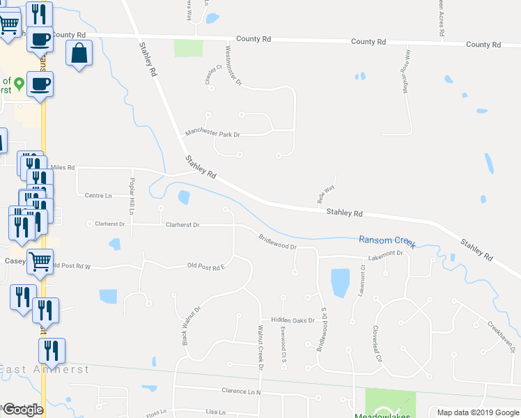 map of restaurants, bars, coffee shops, grocery stores, and more near 8345 Stahley Road in East Amherst