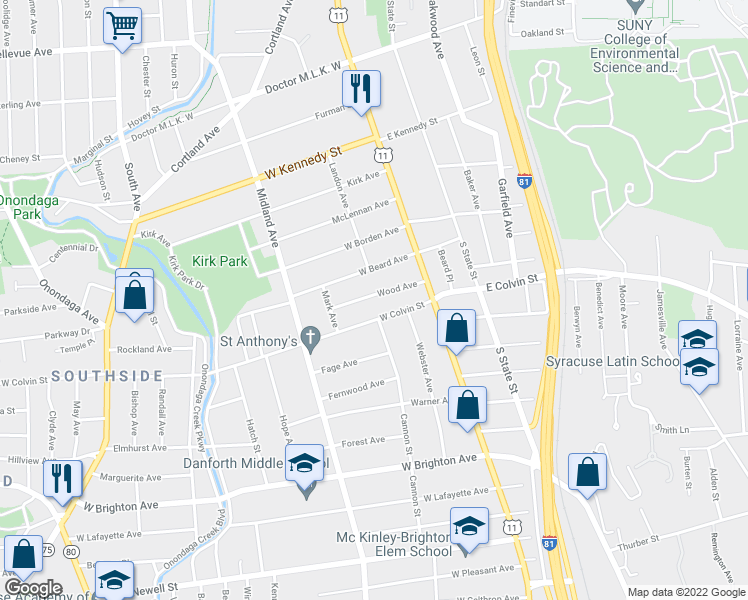 map of restaurants, bars, coffee shops, grocery stores, and more near 127 Wood Avenue in Syracuse