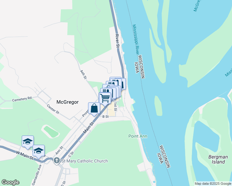 map of restaurants, bars, coffee shops, grocery stores, and more near 132 Main Street in McGregor