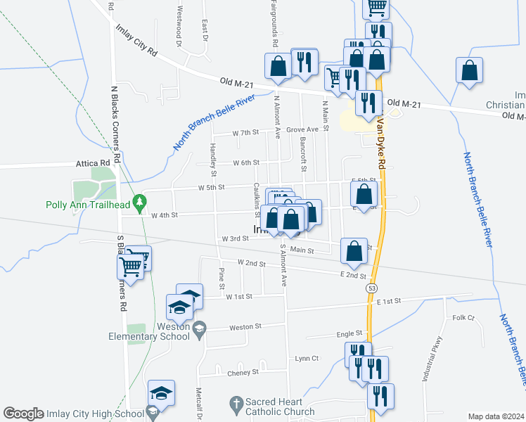 map of restaurants, bars, coffee shops, grocery stores, and more near 160 West 4th Street in Imlay City