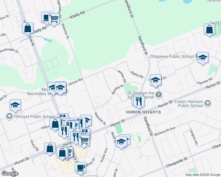 map of restaurants, bars, coffee shops, grocery stores, and more near 82 Stonehenge Court in London