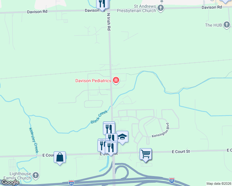 map of restaurants, bars, coffee shops, grocery stores, and more near 1247 North Irish Road in Davison