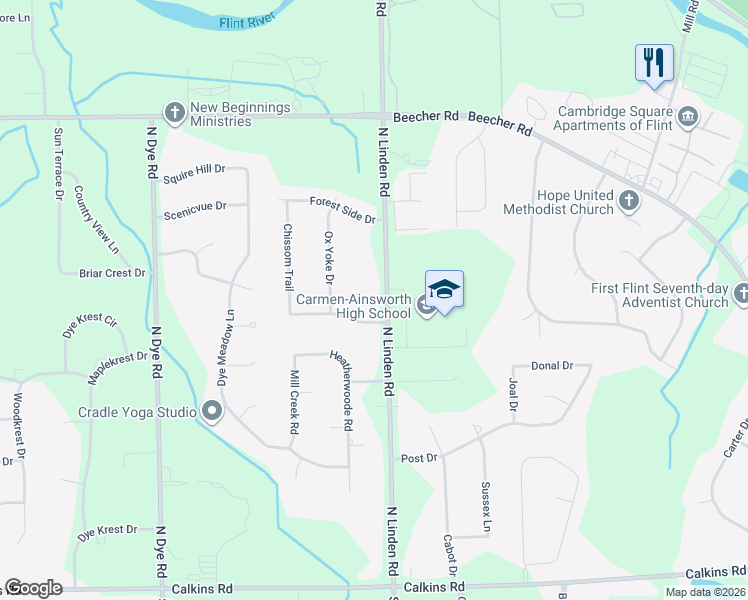map of restaurants, bars, coffee shops, grocery stores, and more near 1333 North Linden Road in Flint