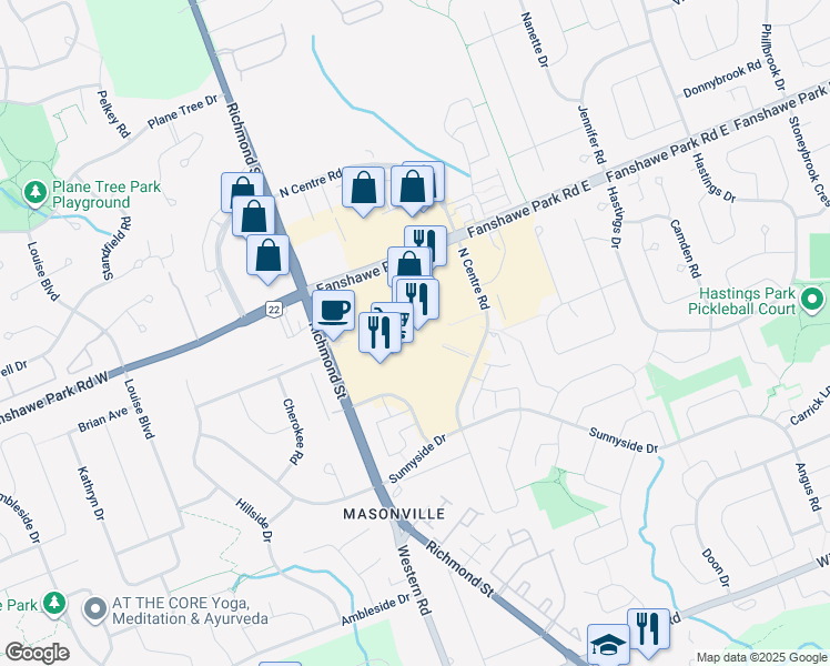 map of restaurants, bars, coffee shops, grocery stores, and more near 1680 Richmond Street in London