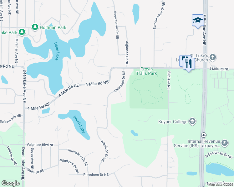 map of restaurants, bars, coffee shops, grocery stores, and more near 3475 Olderidge Drive Northeast in Grand Rapids