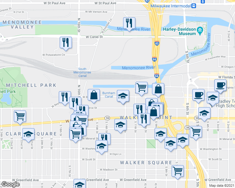 map of restaurants, bars, coffee shops, grocery stores, and more near 1228 West Bruce Street in Milwaukee