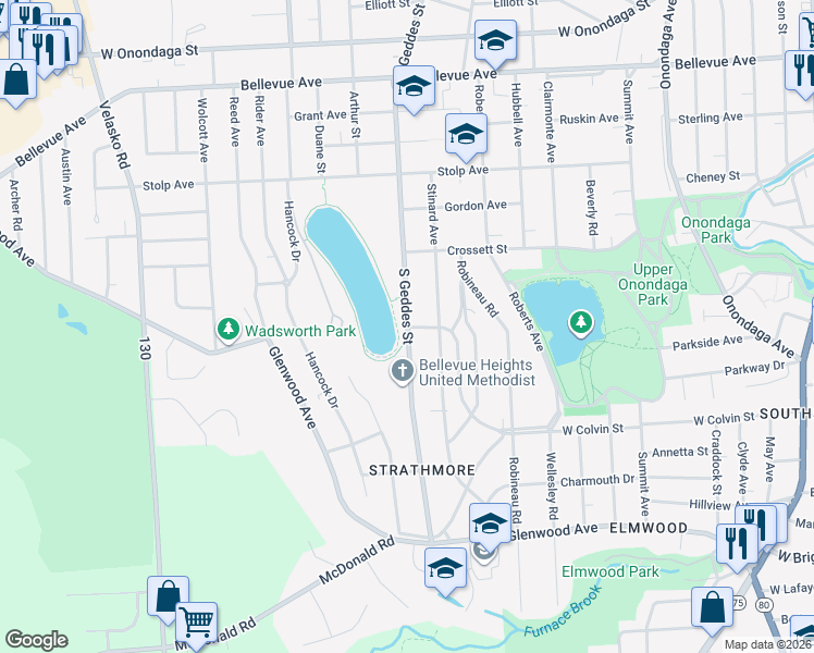 map of restaurants, bars, coffee shops, grocery stores, and more near 2098 South Geddes Street in Syracuse