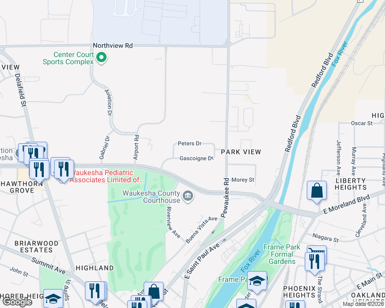 map of restaurants, bars, coffee shops, grocery stores, and more near 501 Peters Drive in Waukesha