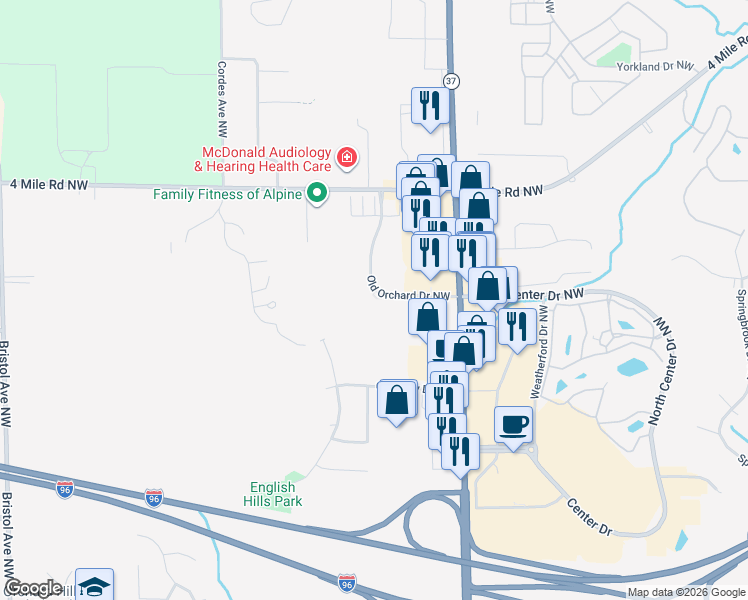 map of restaurants, bars, coffee shops, grocery stores, and more near 986 Old Orchard Drive Northwest in Walker