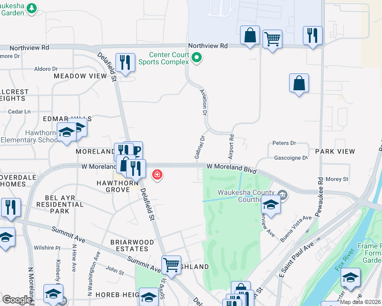 map of restaurants, bars, coffee shops, grocery stores, and more near 1410 Gabriel Drive in Waukesha
