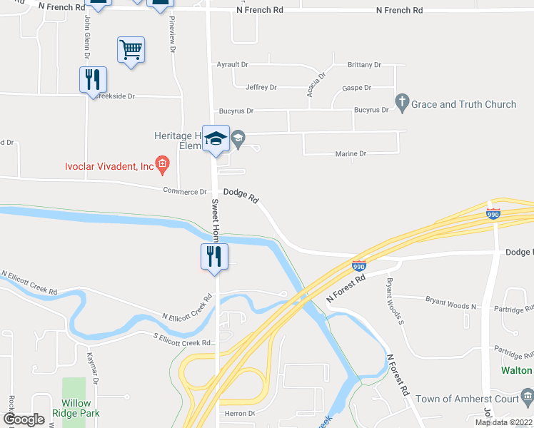 map of restaurants, bars, coffee shops, grocery stores, and more near 300 Dodge Road in Buffalo