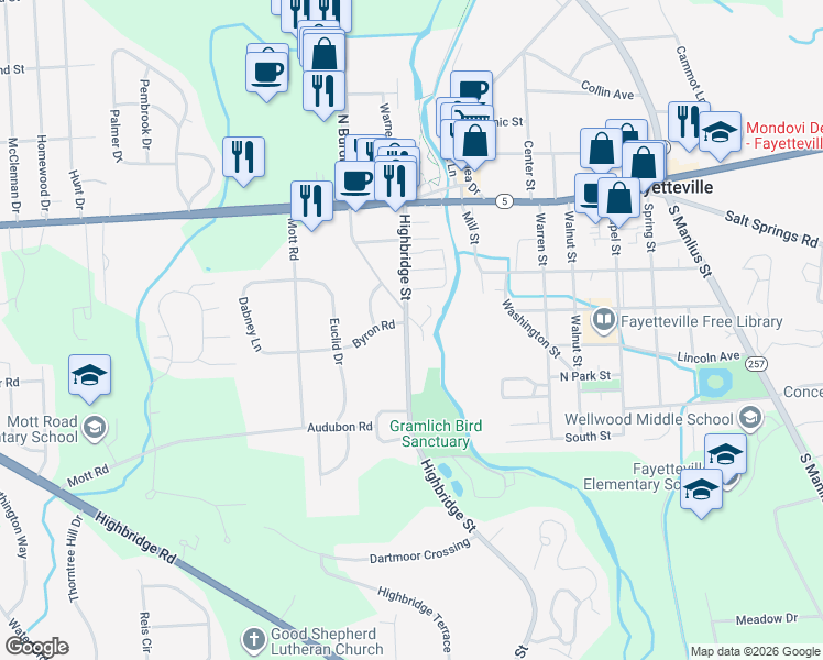 map of restaurants, bars, coffee shops, grocery stores, and more near 299 Highbridge Street in Fayetteville