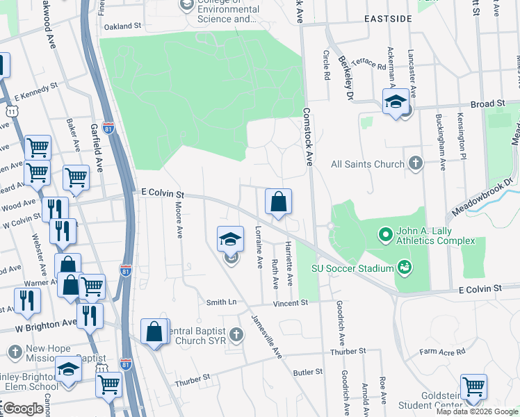 map of restaurants, bars, coffee shops, grocery stores, and more near 205 Robert Drive in Syracuse