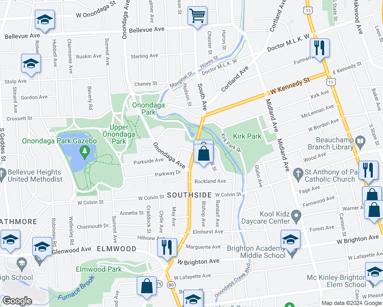 map of restaurants, bars, coffee shops, grocery stores, and more near 118-20 West Bissell Street in Syracuse