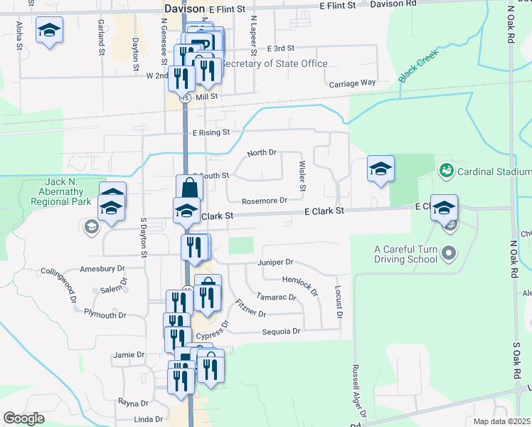 map of restaurants, bars, coffee shops, grocery stores, and more near 342 Rosemore Drive in Davison