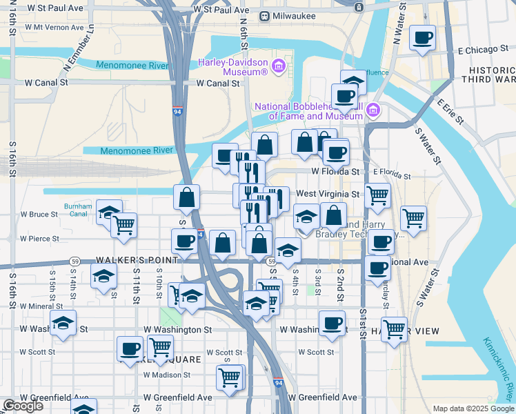 map of restaurants, bars, coffee shops, grocery stores, and more near in Milwaukee