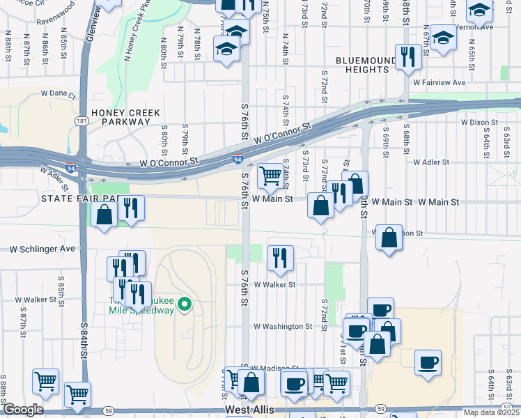 map of restaurants, bars, coffee shops, grocery stores, and more near 620 South 76th Street in Milwaukee