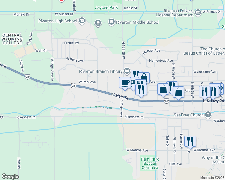 map of restaurants, bars, coffee shops, grocery stores, and more near 1524 West Main Street in Riverton