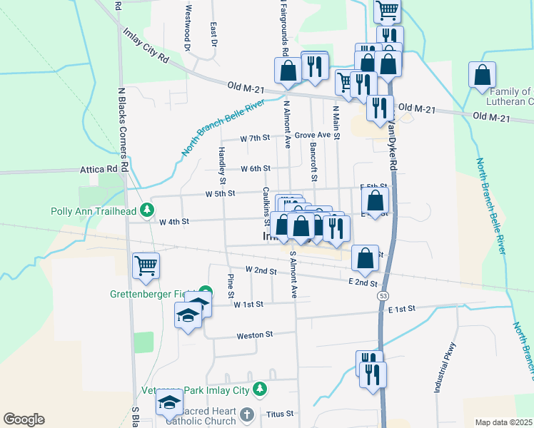 map of restaurants, bars, coffee shops, grocery stores, and more near 215 Caulkins Street in Imlay City