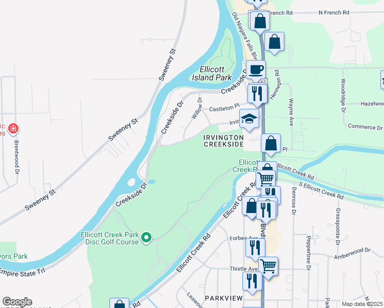 map of restaurants, bars, coffee shops, grocery stores, and more near 201 Irvington Drive in Tonawanda