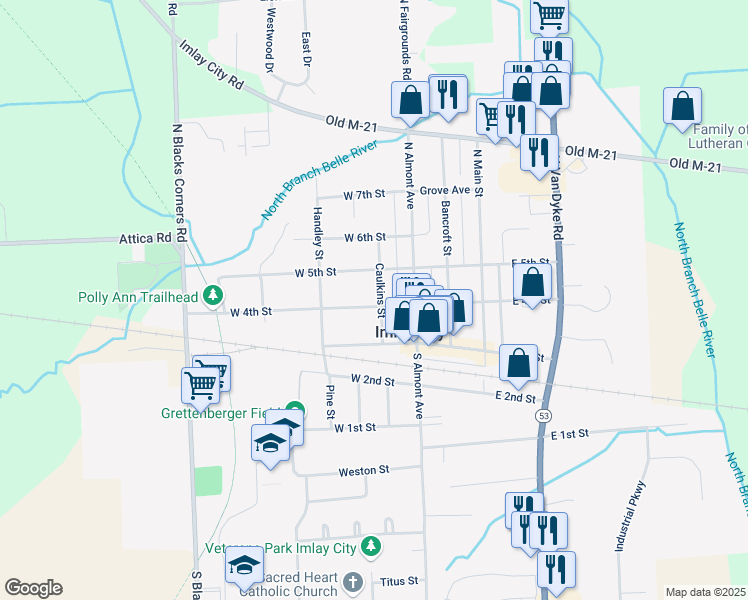 map of restaurants, bars, coffee shops, grocery stores, and more near 215 Caulkins Street in Imlay City