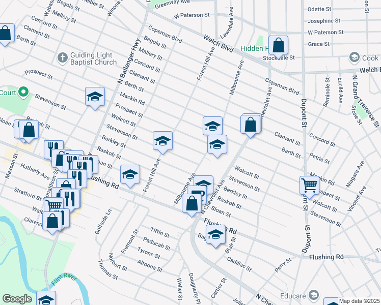 map of restaurants, bars, coffee shops, grocery stores, and more near 2527 Wolcott Street in Flint