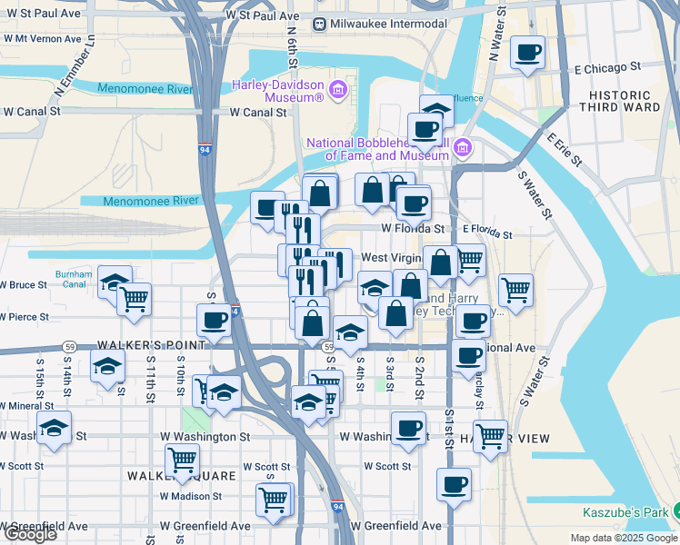 map of restaurants, bars, coffee shops, grocery stores, and more near 516 South 5th Street in Milwaukee