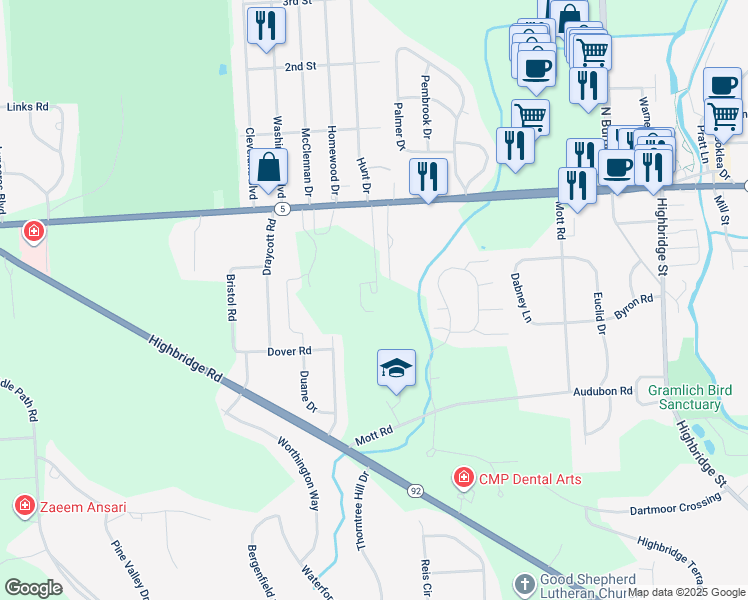 map of restaurants, bars, coffee shops, grocery stores, and more near 7164 East Genesee Street in Fayetteville