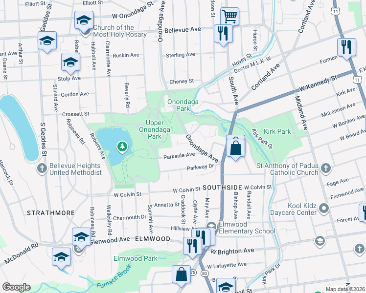 map of restaurants, bars, coffee shops, grocery stores, and more near 100 Eloise Terrace in Syracuse
