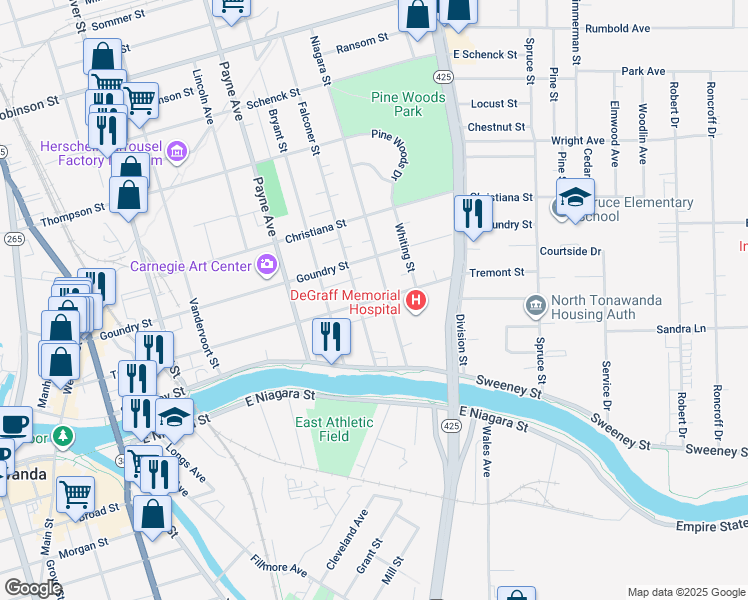 map of restaurants, bars, coffee shops, grocery stores, and more near 94 Niagara Street in North Tonawanda