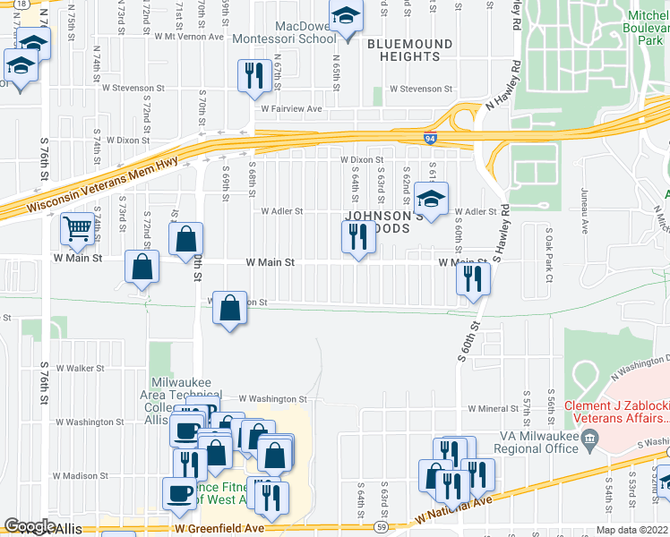map of restaurants, bars, coffee shops, grocery stores, and more near 6411 West Main Street in Milwaukee