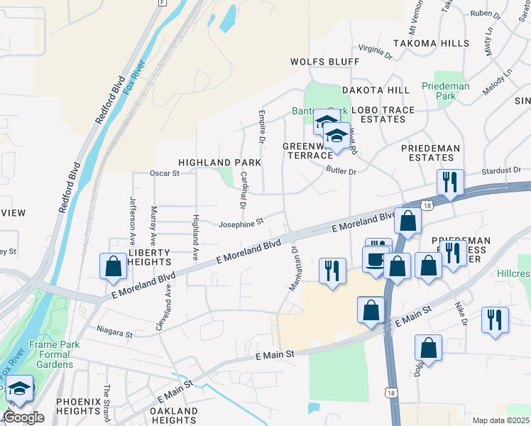 map of restaurants, bars, coffee shops, grocery stores, and more near 1426 Josephine Street in Waukesha