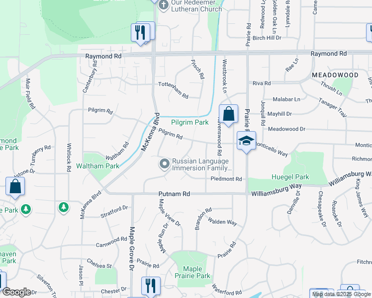 map of restaurants, bars, coffee shops, grocery stores, and more near 25 Pilgrim Circle in Madison