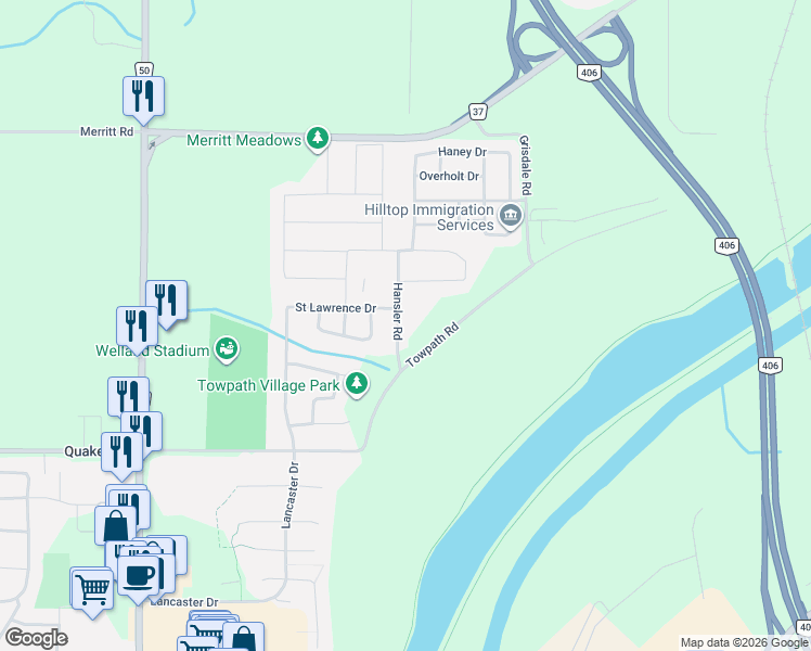 map of restaurants, bars, coffee shops, grocery stores, and more near 1044 Hansler Road in Welland
