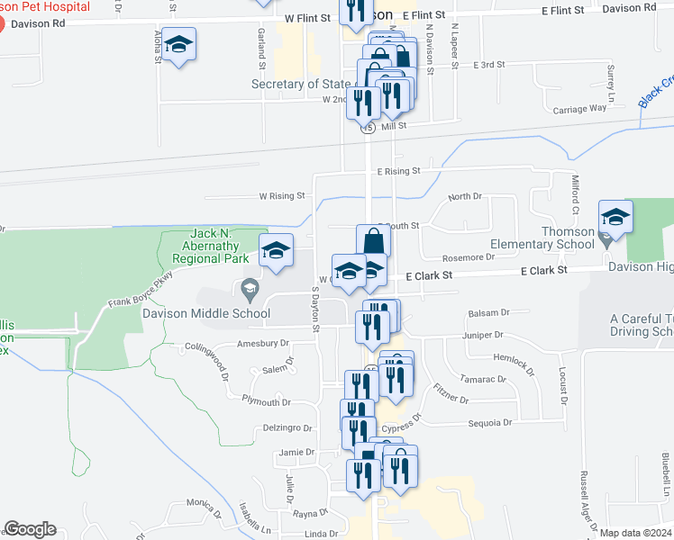 map of restaurants, bars, coffee shops, grocery stores, and more near 136 West Clark Street in Davison