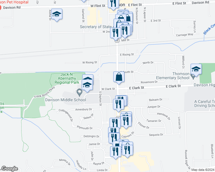map of restaurants, bars, coffee shops, grocery stores, and more near 132 West Clark Street in Davison
