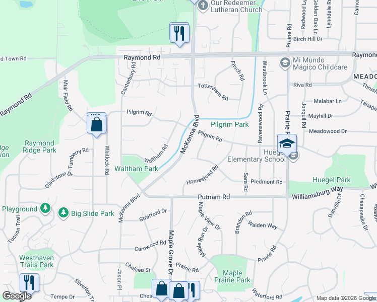 map of restaurants, bars, coffee shops, grocery stores, and more near 2525 McKenna Boulevard in Madison