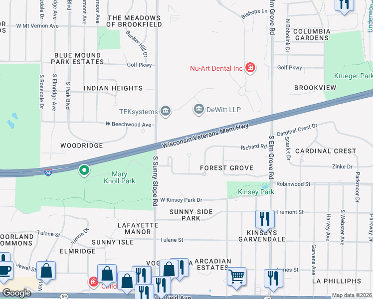 map of restaurants, bars, coffee shops, grocery stores, and more near 615 Forest Grove Court in Brookfield
