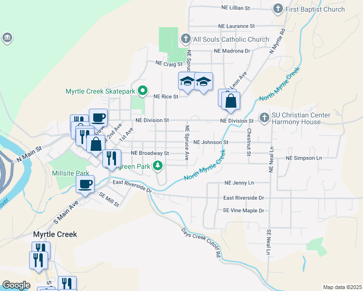 map of restaurants, bars, coffee shops, grocery stores, and more near 514 Northeast Johnson Street in Myrtle Creek