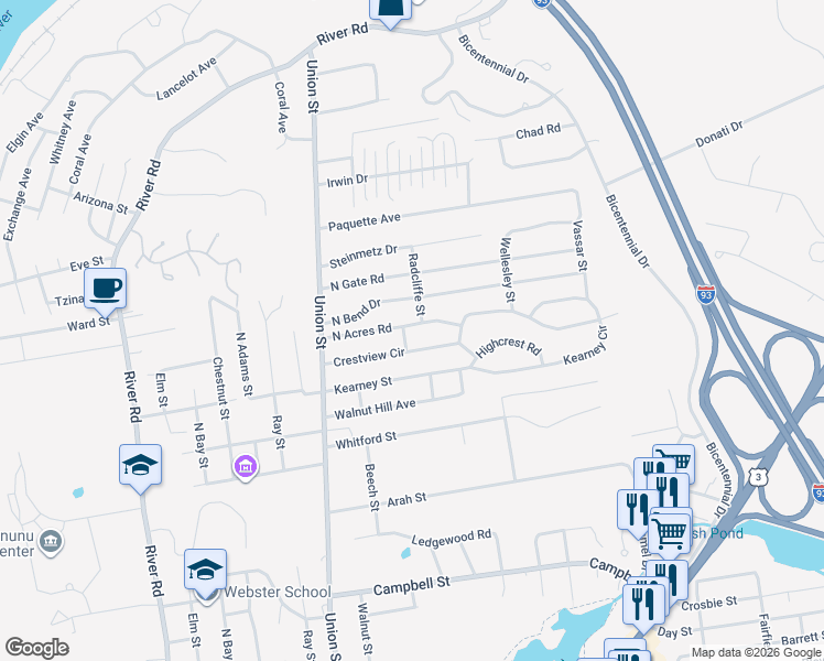 map of restaurants, bars, coffee shops, grocery stores, and more near 171 North Acres Road in Manchester