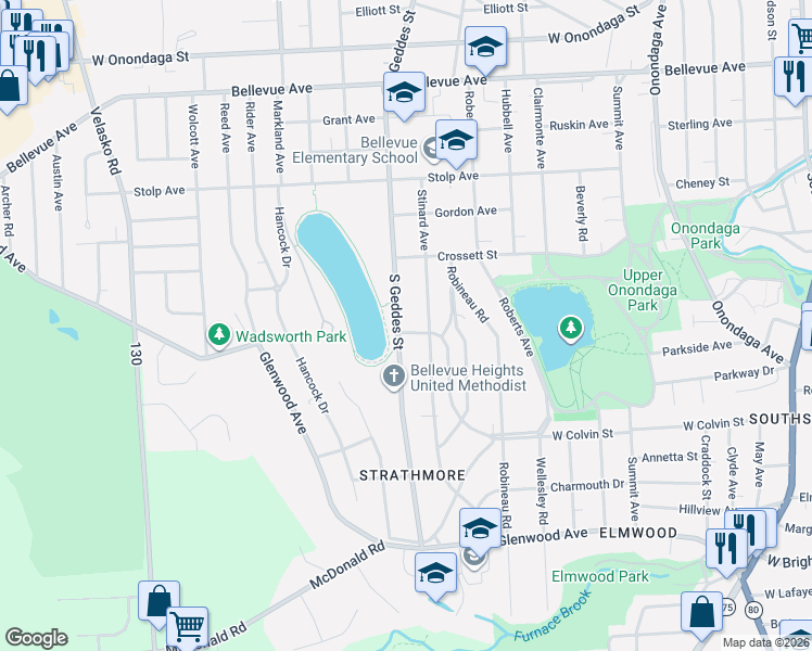 map of restaurants, bars, coffee shops, grocery stores, and more near 105 Twin Hills Drive in Syracuse