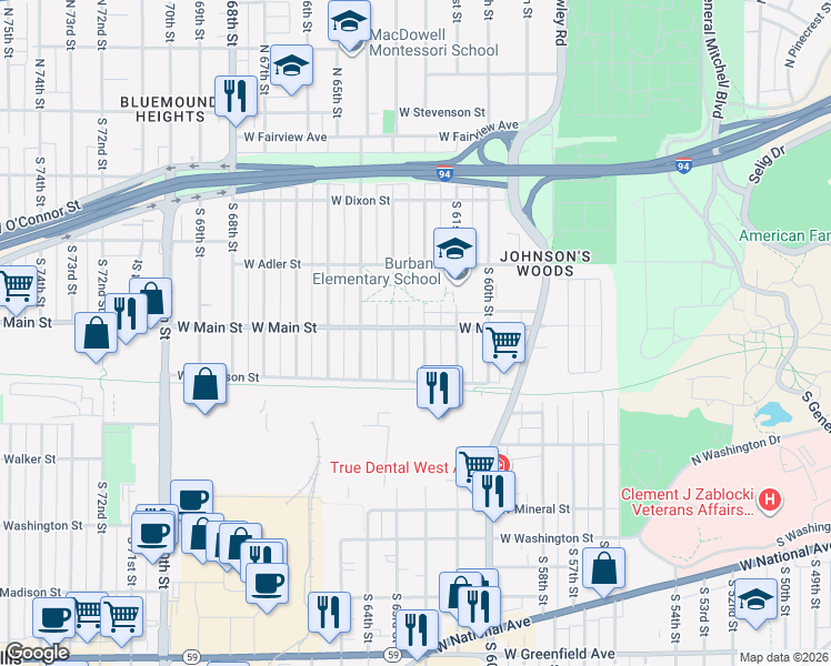 map of restaurants, bars, coffee shops, grocery stores, and more near 6206 West Main Street in Milwaukee