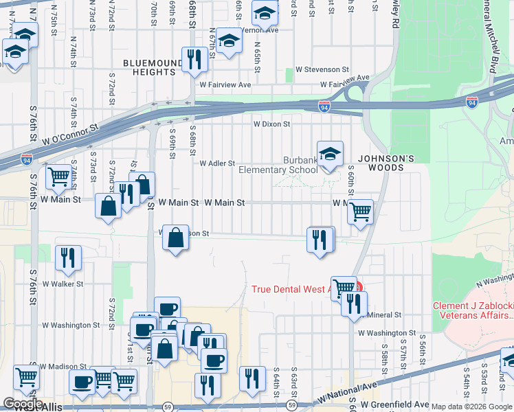 map of restaurants, bars, coffee shops, grocery stores, and more near 6411 West Main Street in Milwaukee