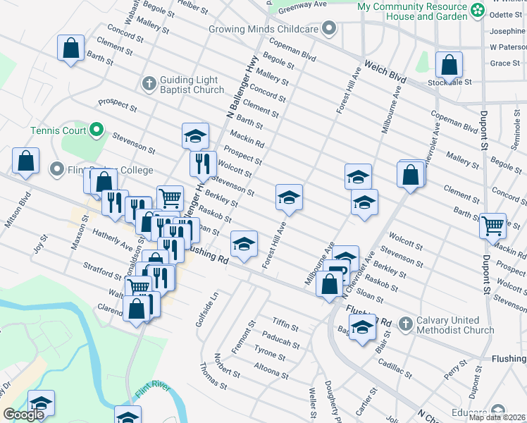 map of restaurants, bars, coffee shops, grocery stores, and more near 2742 Berkley Street in Flint