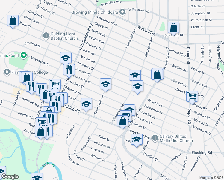 map of restaurants, bars, coffee shops, grocery stores, and more near 2618 Stevenson Street in Flint