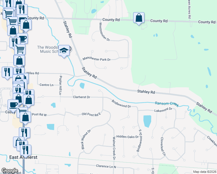 map of restaurants, bars, coffee shops, grocery stores, and more near 8345 Stahley Road in East Amherst