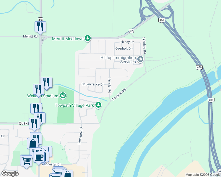 map of restaurants, bars, coffee shops, grocery stores, and more near 1049 Hansler Road in Welland
